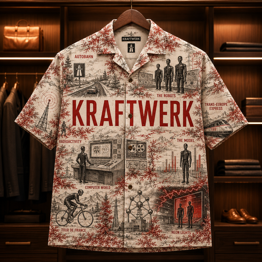 Kraftwerk Hawaiian Shirt - Retro Electronic Band AOP Button Up Shirt with Autobahn, The Robots and Computer World Art