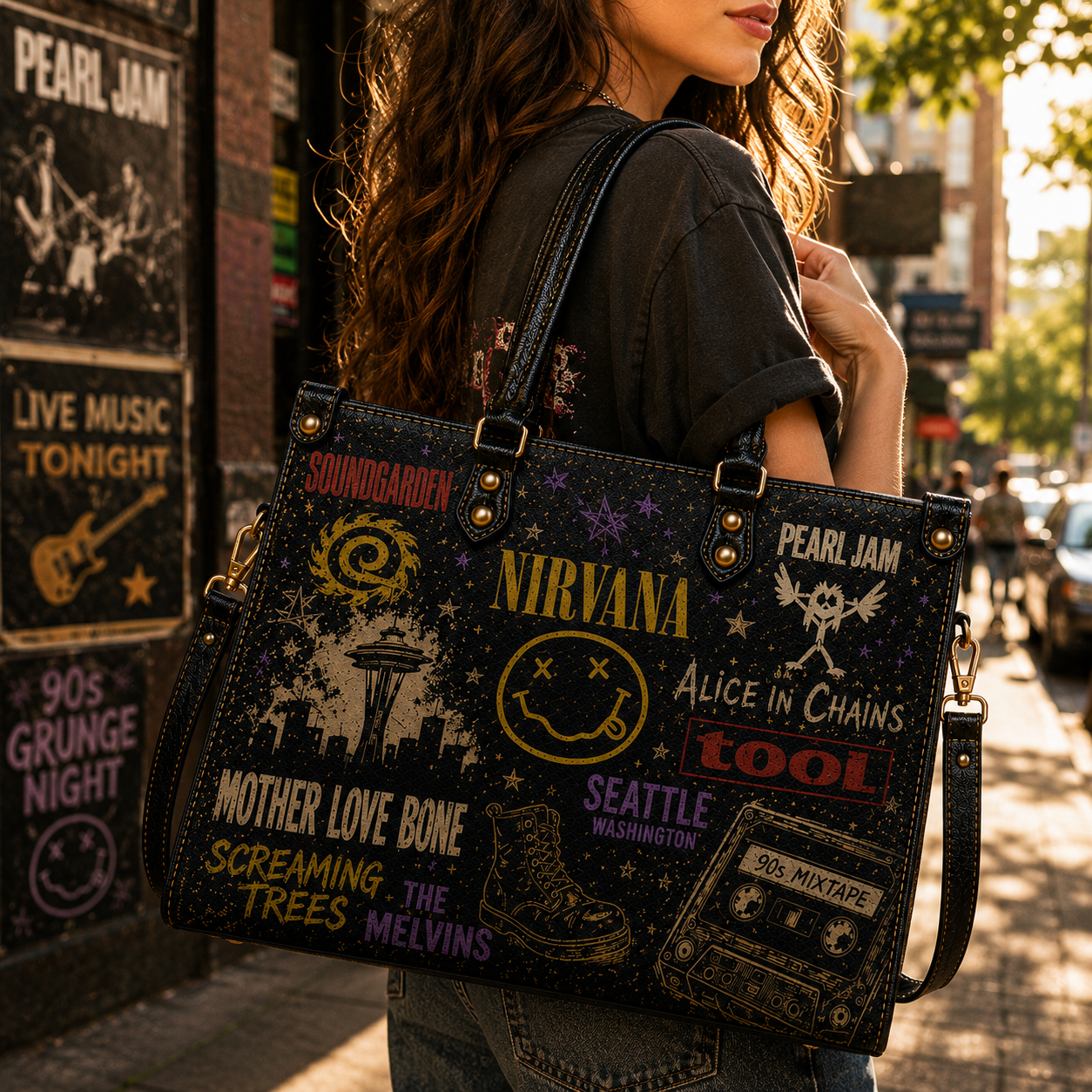 90s Grunge Rock Faux Leather Handbag – Vintage Seattle Sound Music Lover Tote Bag