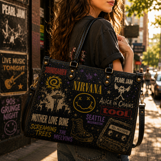 90s Grunge Rock Faux Leather Handbag – Vintage Seattle Sound Music Lover Tote Bag