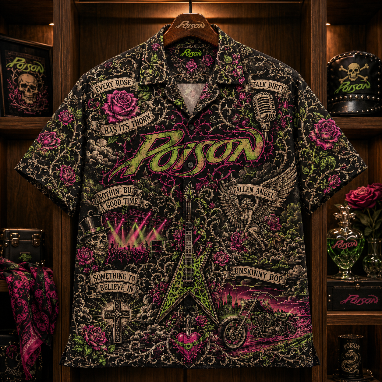Poison Hawaiian Shirt - Glam Metal Rock Band Button Up Shirt with Every Rose Has Its Thorn, Talk Dirty and Unskinny Bop Art