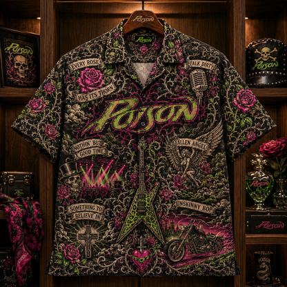Poison Hawaiian Shirt - Glam Metal Rock Band Button Up Shirt with Every Rose Has Its Thorn, Talk Dirty and Unskinny Bop Art