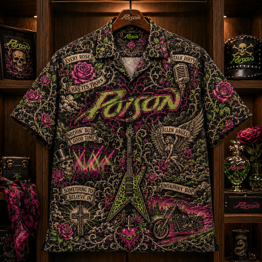 Poison Hawaiian Shirt - Glam Metal Rock Band Button Up Shirt with Every Rose Has Its Thorn, Talk Dirty and Unskinny Bop Art (Copy)