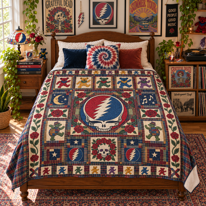 Grateful Dead Sherpa Blanket, Dancing Bears Patchwork Blanket, Steal Your Face Rose Quilt Style Throw, Deadhead Gift