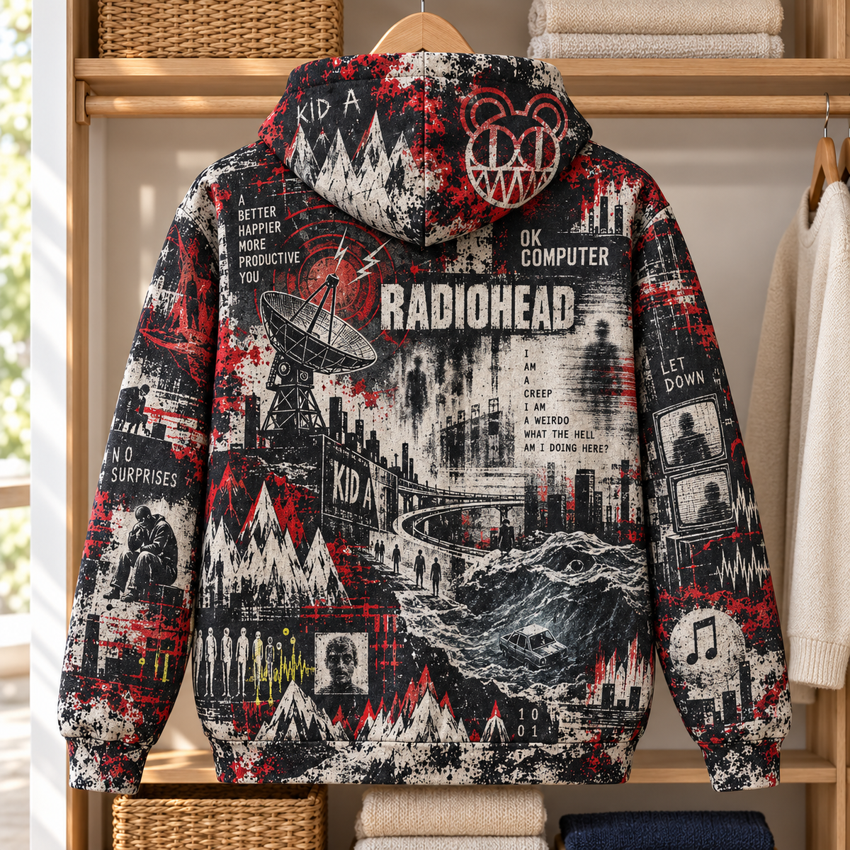 Radiohead OK Computer Hoodie – Kid A Alternative Rock Graphic Pullover, Vintage Grunge Music Fan Gift
