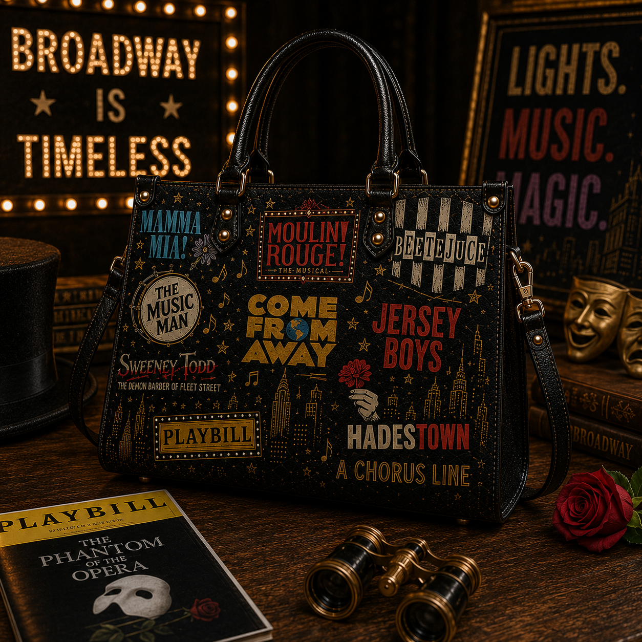 Vintage Broadway Musicals Faux Leather Handbag – Theatre Lover Shoulder Tote Bag