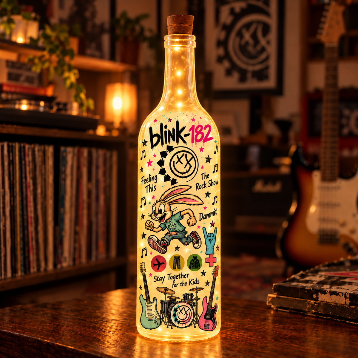 Blink-182 Lighted Bottle Lamp, Pop Punk LED Bottle Decor, Blink 182 Fan Gift, Music Room Night Light, Rock Band Home Decor