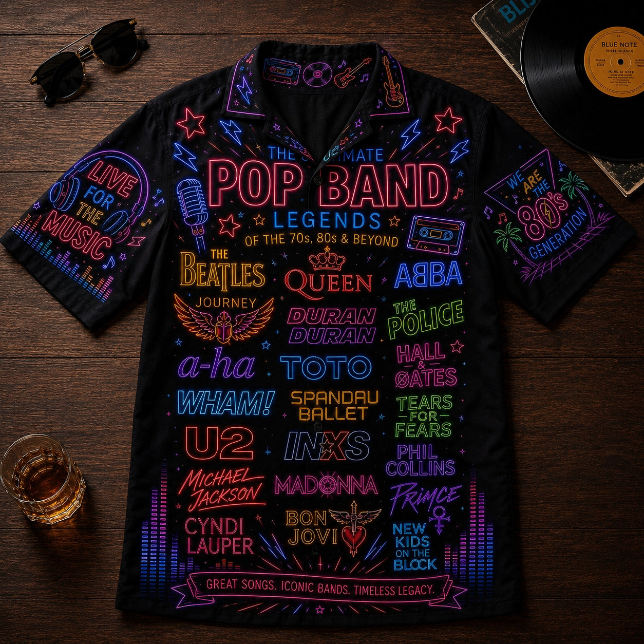 Pop Band Legends Hawaiian Shirt - Unisex Neon Light Boombox Globe Button Up