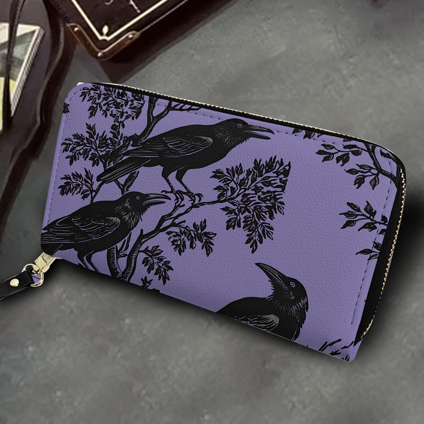 Purple Raven Leather Tote Bag with Matching Wallet – Gothic Aesthetic Handbag Set