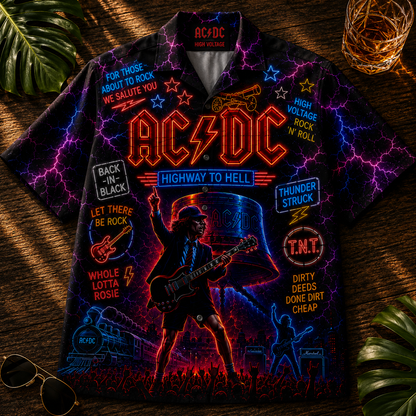 AC/DC Hawaiian Shirt - Unisex Neon Light Angus Young Gibson Guitar Button Up