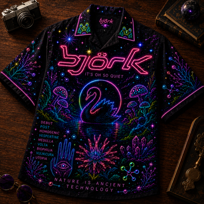Bjork Hawaiian Shirt - Unisex Neon Light Alien Mask Swan Button Up