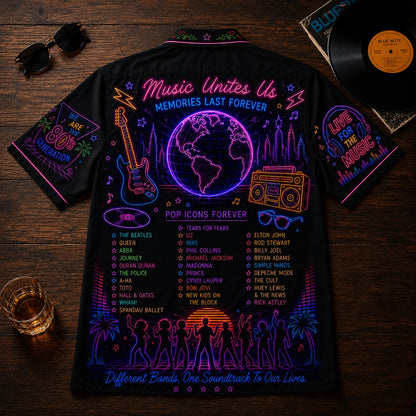 Pop Band Legends Hawaiian Shirt - Unisex Neon Light Boombox Globe Button Up