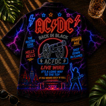 AC/DC Hawaiian Shirt - Unisex Neon Light Angus Young Gibson Guitar Button Up