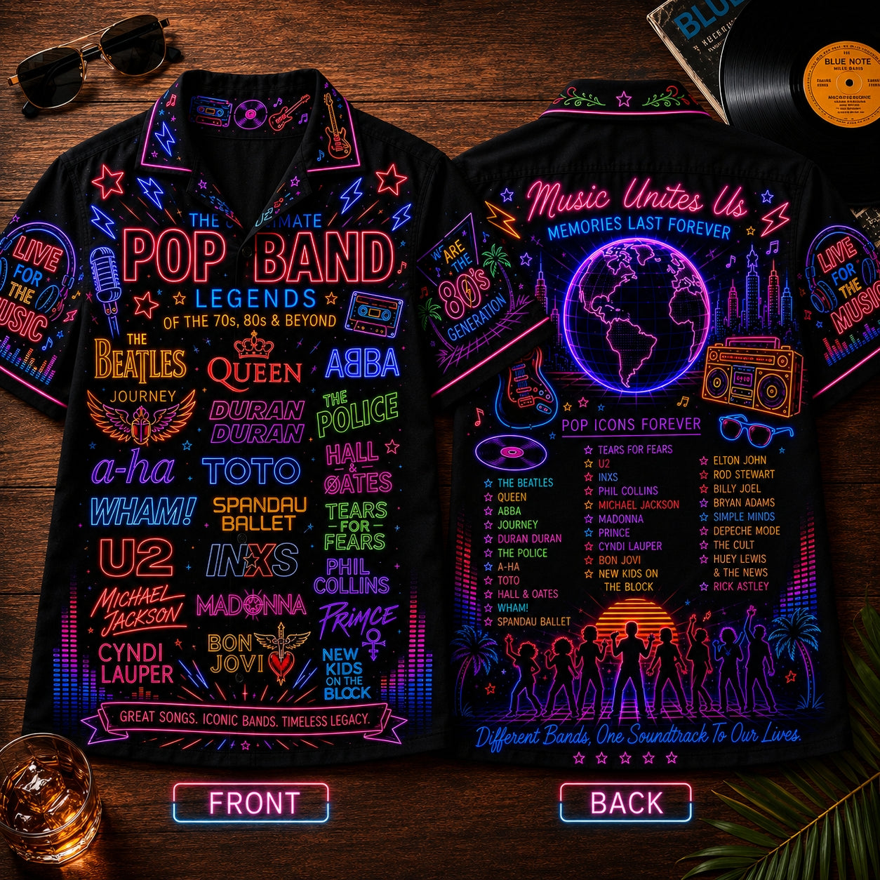 Pop Band Legends Hawaiian Shirt - Unisex Neon Light Boombox Globe Button Up