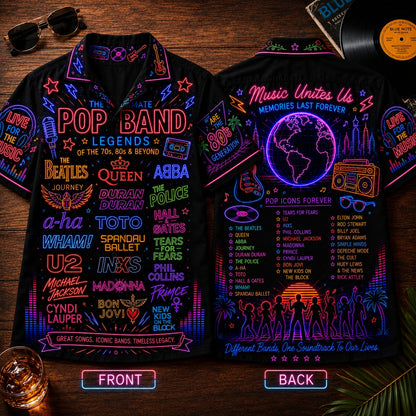 Pop Band Legends Hawaiian Shirt - Unisex Neon Light Boombox Globe Button Up