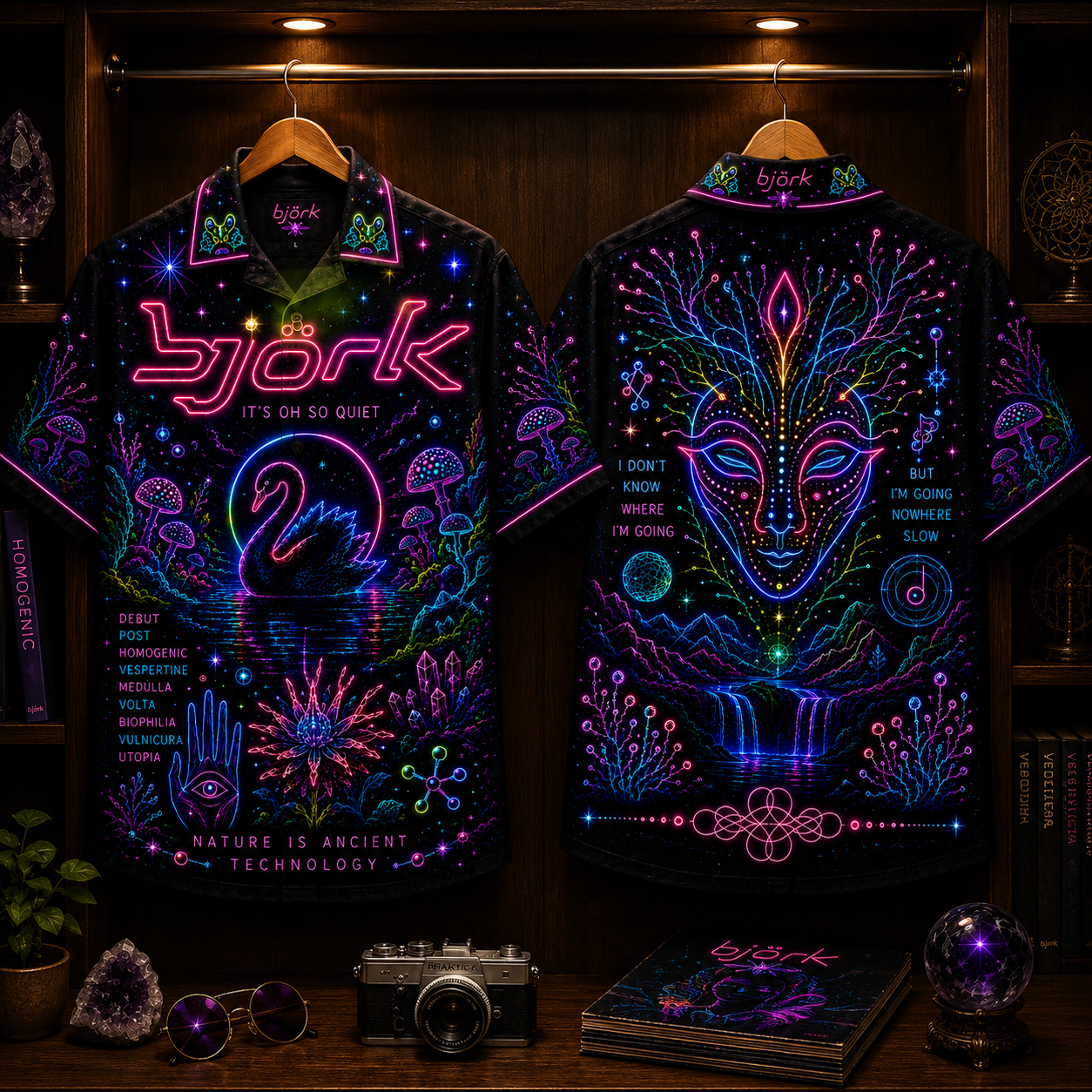 Bjork Hawaiian Shirt - Unisex Neon Light Alien Mask Swan Button Up