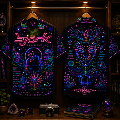 Bjork Hawaiian Shirt - Unisex Neon Light Alien Mask Swan Button Up