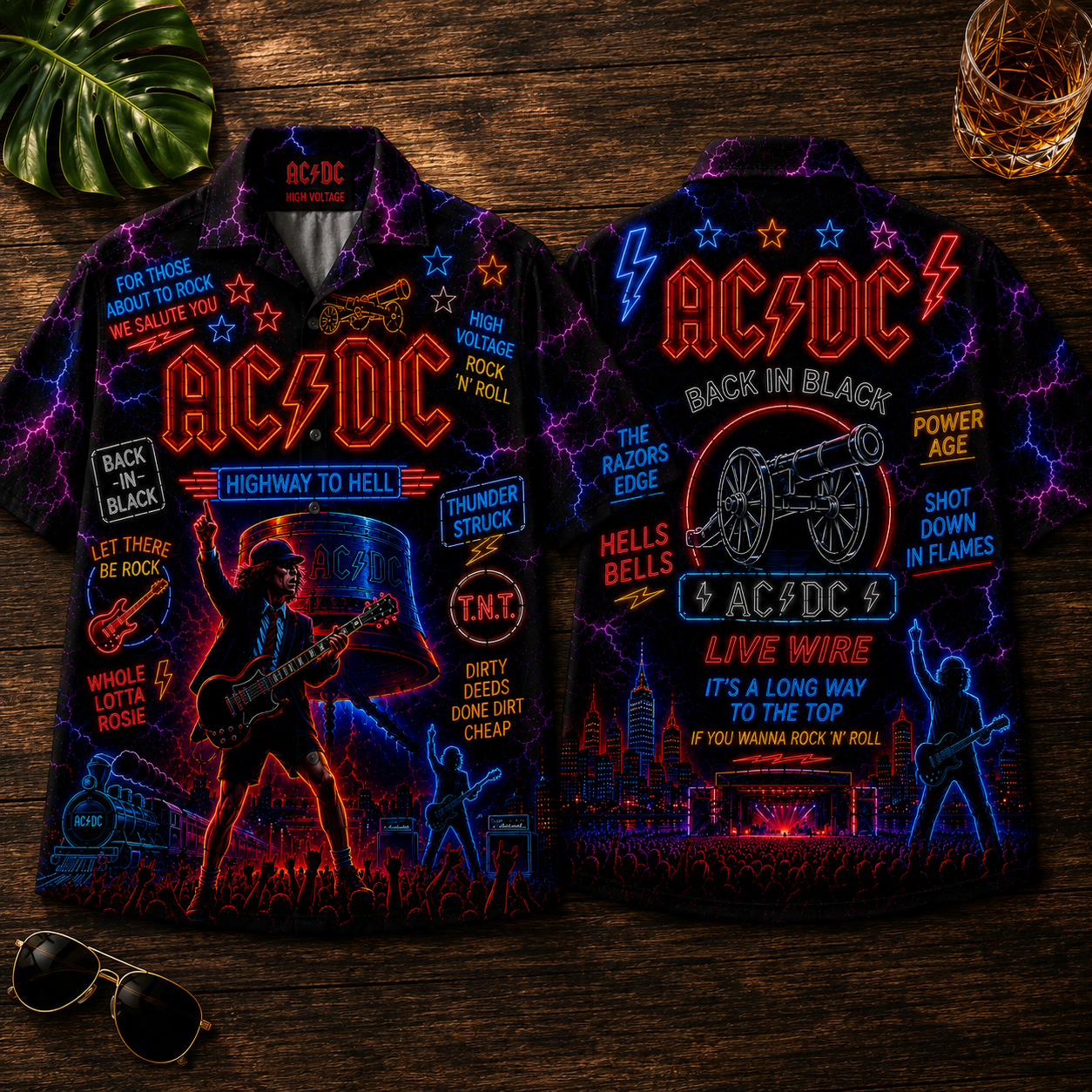 AC/DC Hawaiian Shirt - Unisex Neon Light Angus Young Gibson Guitar Button Up