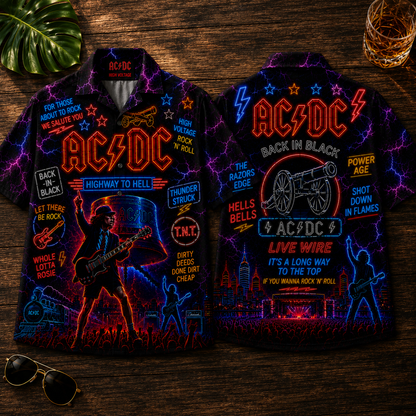 AC/DC Hawaiian Shirt - Unisex Neon Light Angus Young Gibson Guitar Button Up