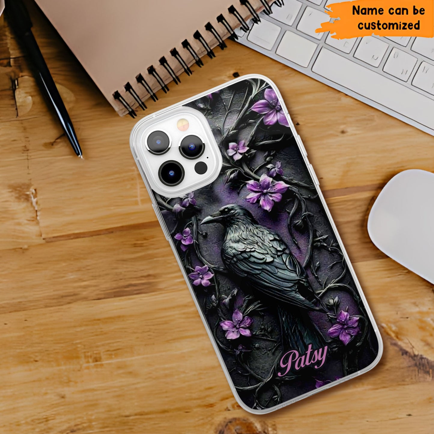 Gothic Raven Phone Case with Purple Flowers - Personalized Clear Phone