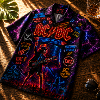 AC/DC Hawaiian Shirt - Unisex Neon Light Angus Young Gibson Guitar Button Up