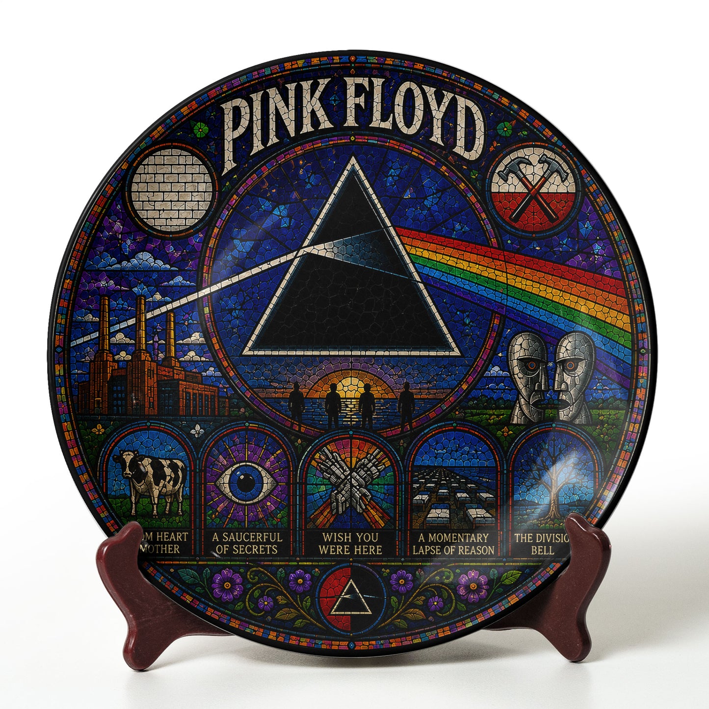 Pink Floyd Ceramic Display Plate with Stand – Dark Side of the Moon Prism Art Decor