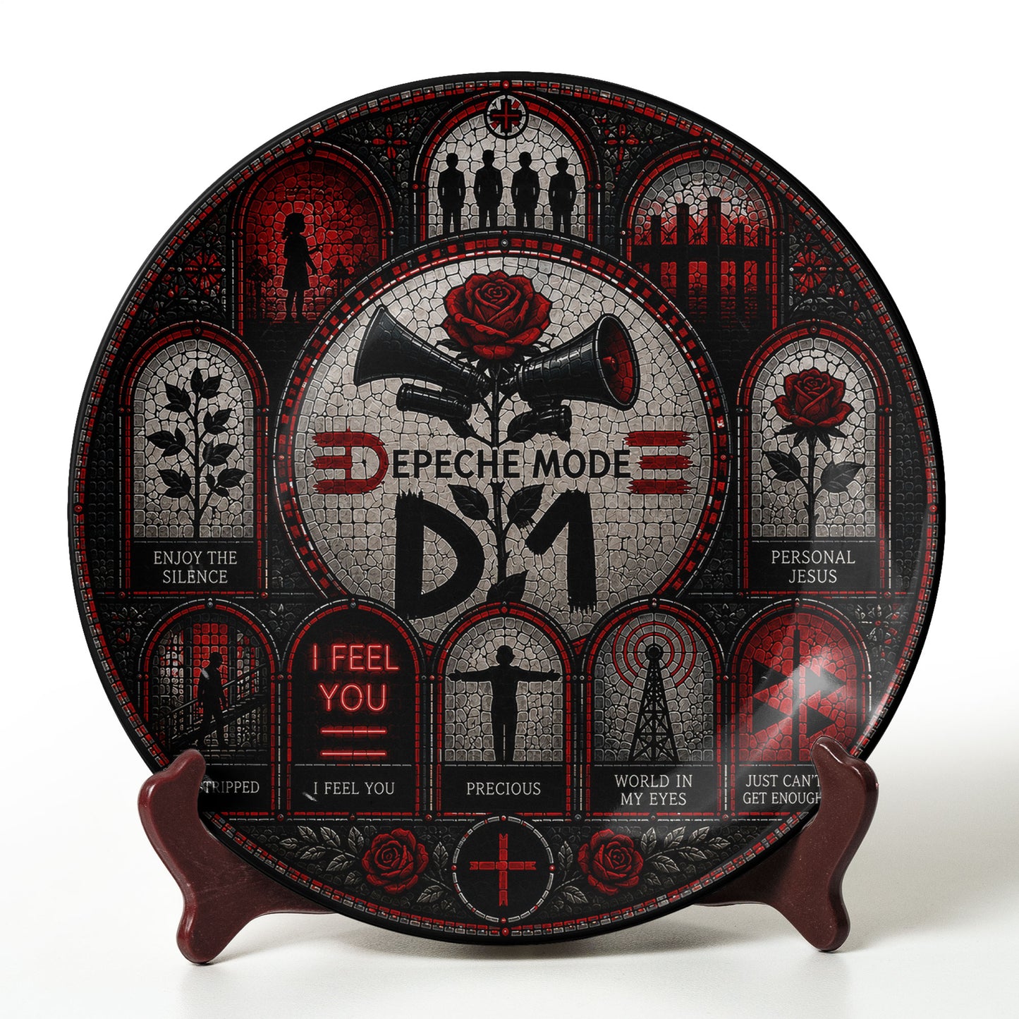 Depeche Mode Decorative Ceramic Plate with Stand – Stained Glass Synth Pop Rock Art Gift
