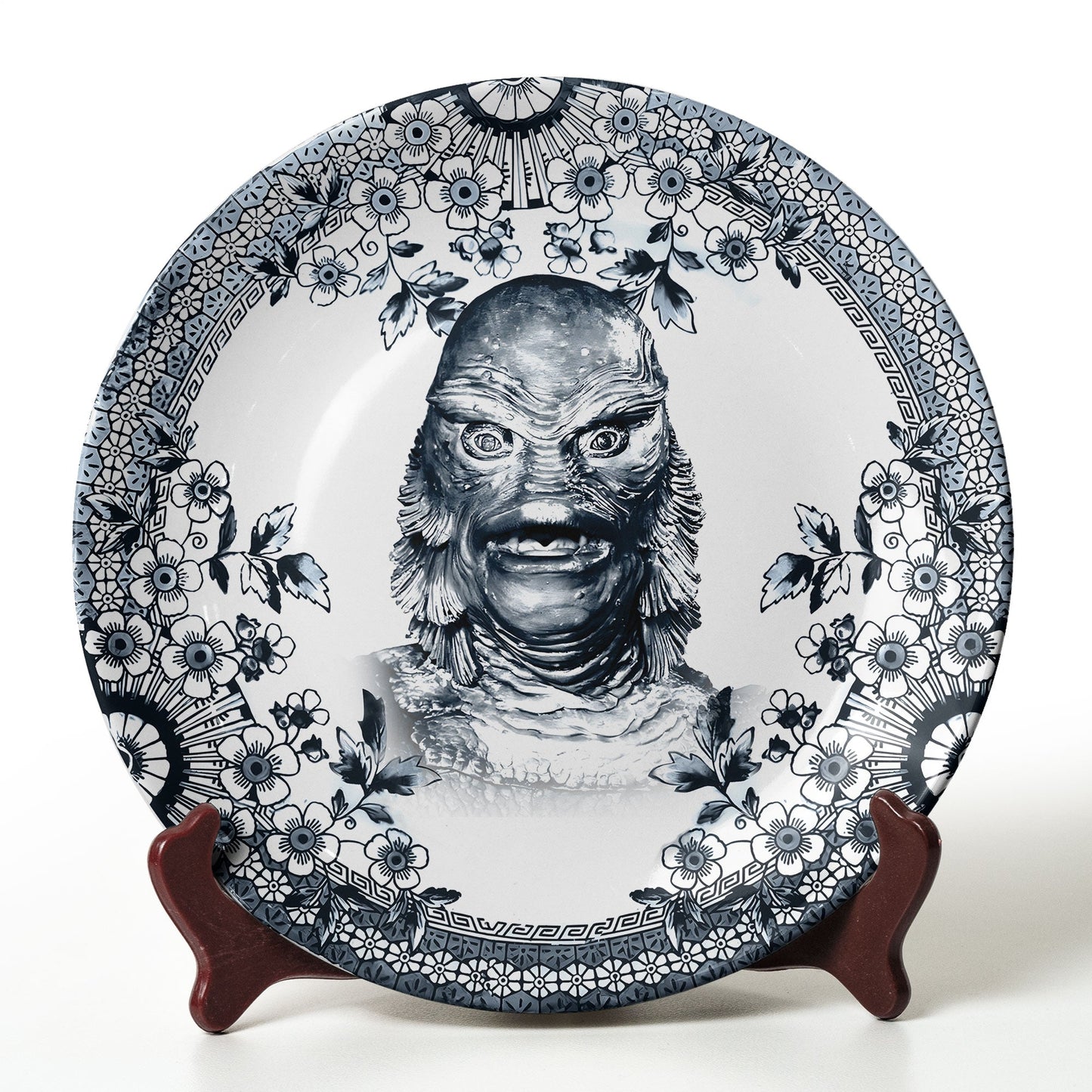 Gill-man Ceramic Plate – Classic Monster Floral Art Design