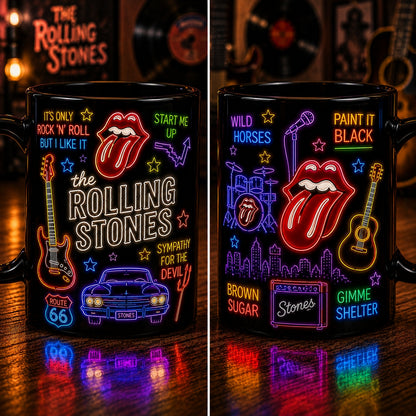 The Rolling Stones Neon Sign Mug – Glowing Tongue Logo Rock Ceramic Coffee Cup