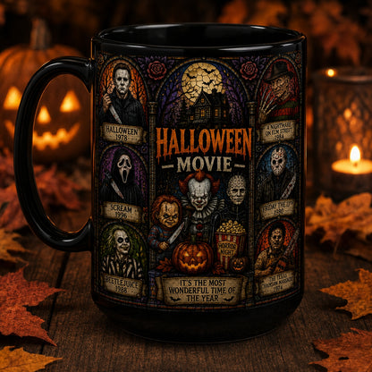 Halloween Horror Movie Characters Mug – Stained Glass Slasher Squad Ceramic Coffee Cup