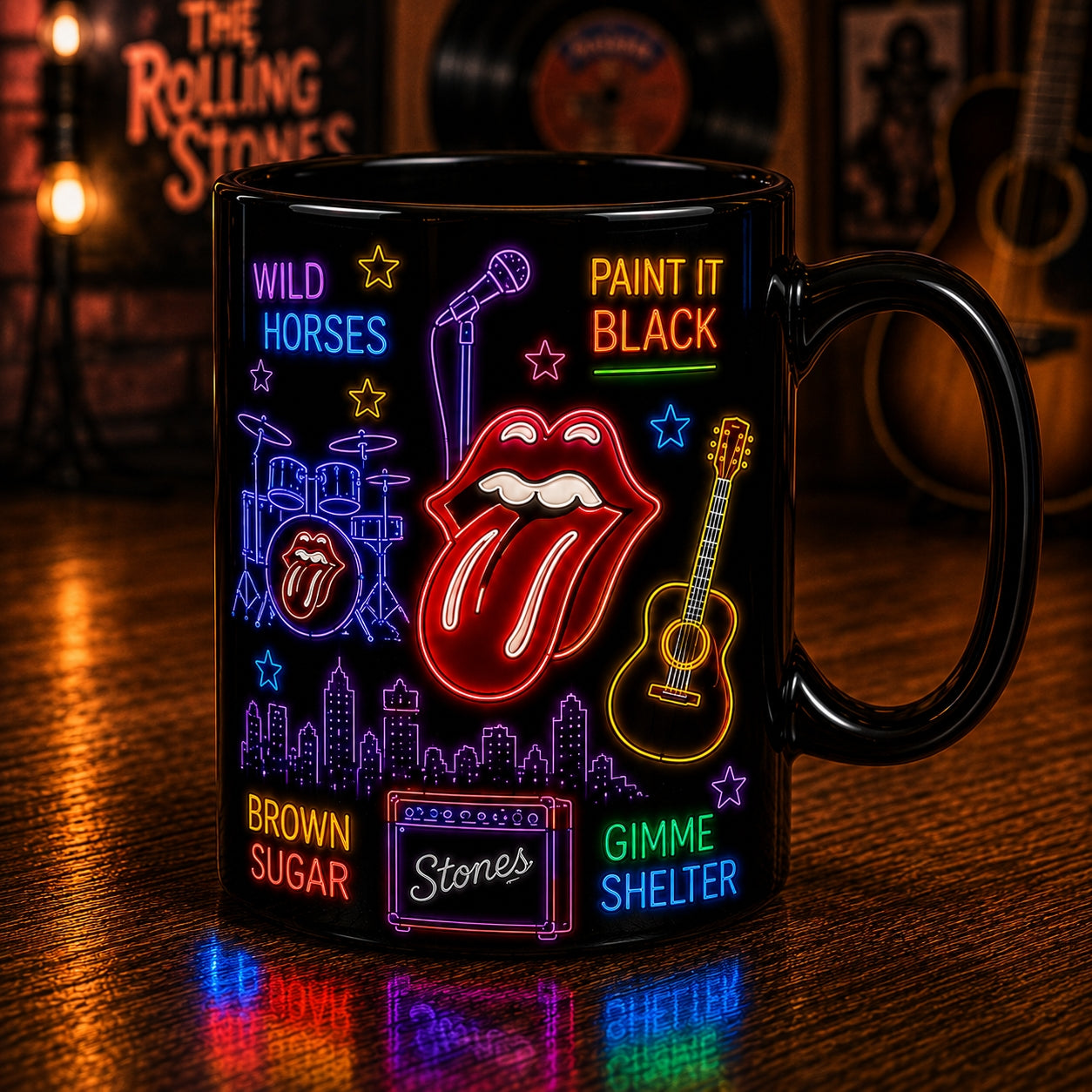 The Rolling Stones Neon Sign Mug – Glowing Tongue Logo Rock Ceramic Coffee Cup