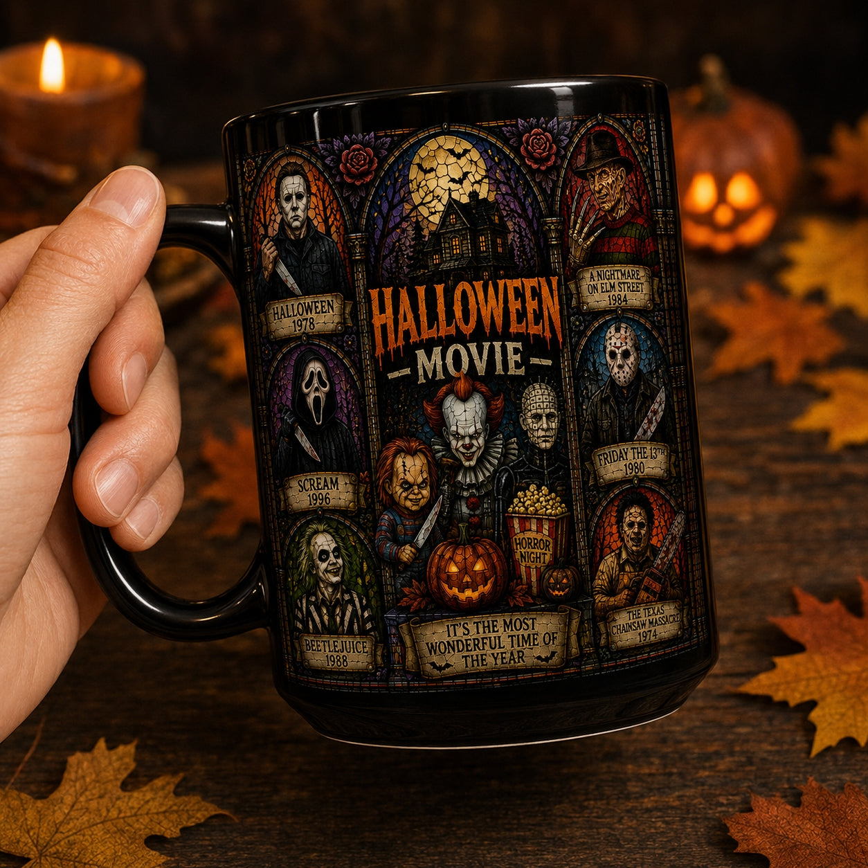 Halloween Horror Movie Characters Mug – Stained Glass Slasher Squad Ceramic Coffee Cup