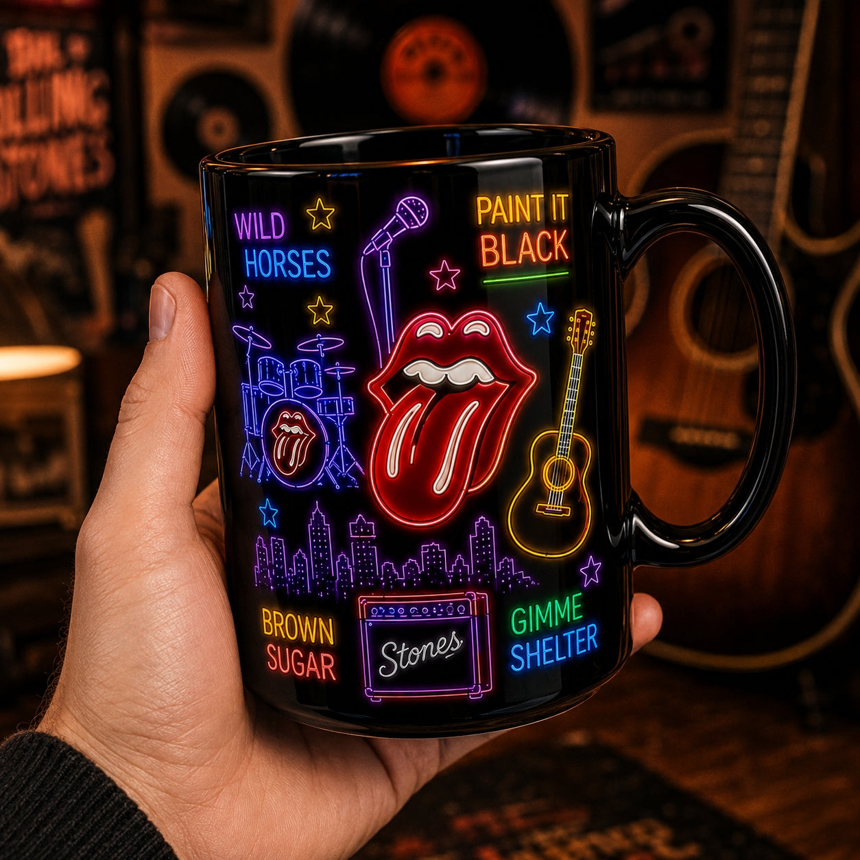 The Rolling Stones Neon Sign Mug – Glowing Tongue Logo Rock Ceramic Coffee Cup