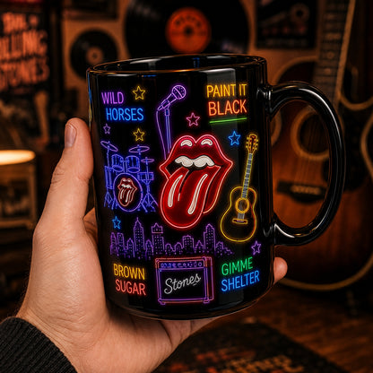 The Rolling Stones Neon Sign Mug – Glowing Tongue Logo Rock Ceramic Coffee Cup