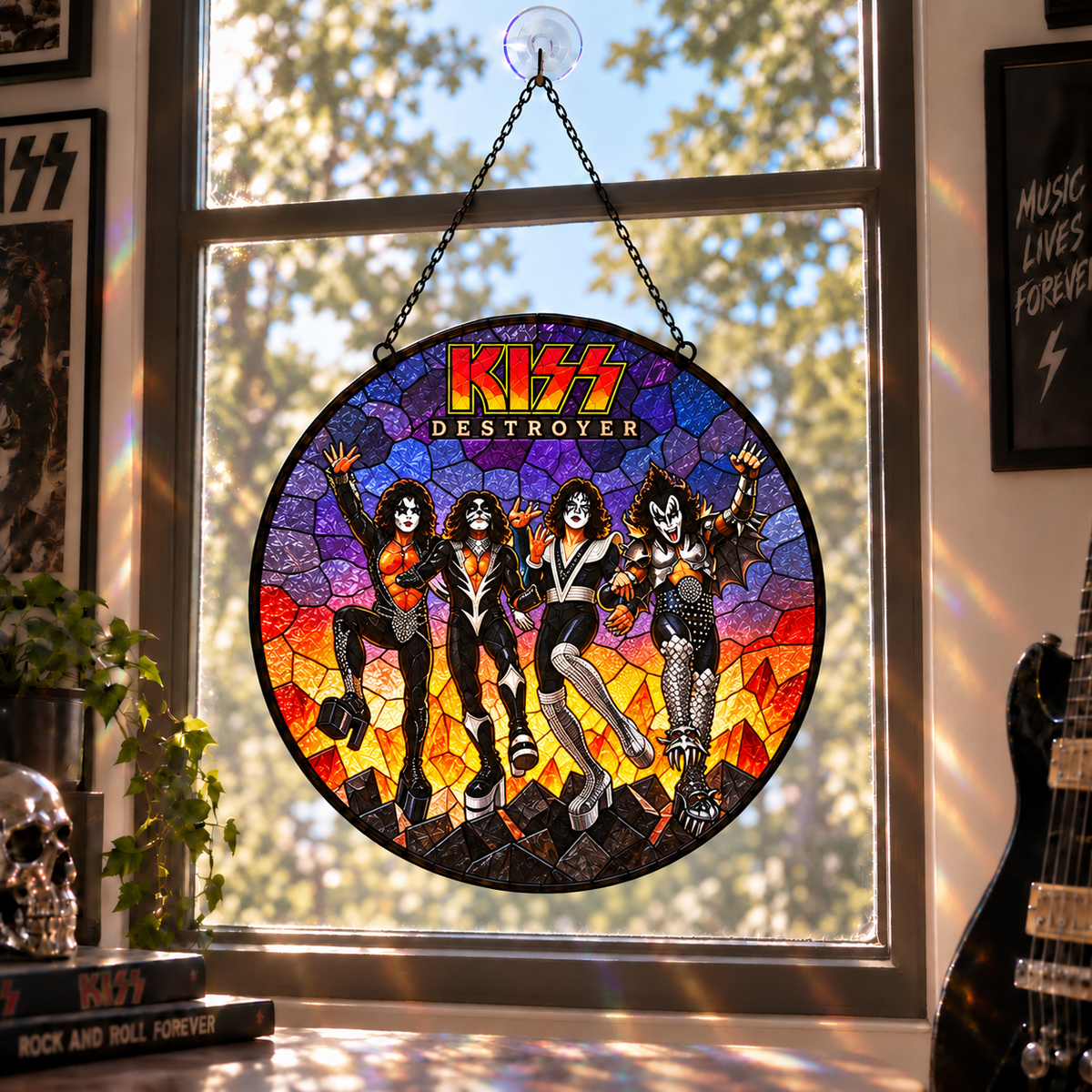 KISS Band Stained Glass Suncatcher – Glam Rock Music Window Hanging Gift for KISS Army