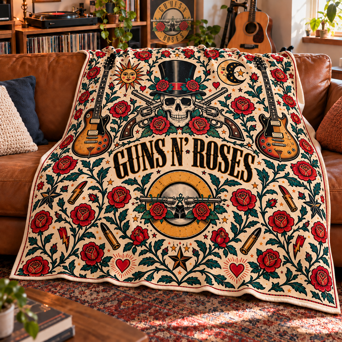 Guns N’ Roses Sherpa Blanket – Vintage Rock Band Skull & Roses Fleece Throw, Classic Rock Music Gift for GNR Fans