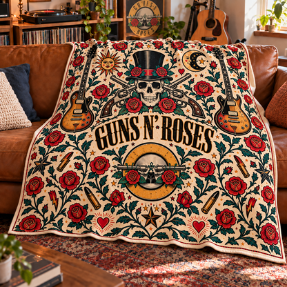 Guns N’ Roses Sherpa Blanket – Vintage Rock Band Skull & Roses Fleece Throw, Classic Rock Music Gift for GNR Fans