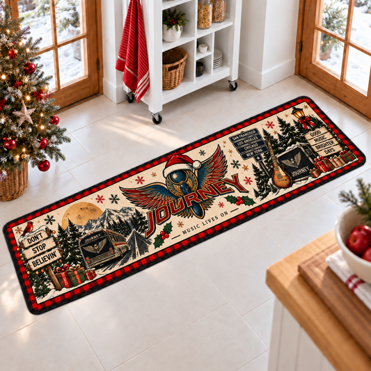 Journey Christmas Runner Rug, Don’t Stop Believin’ Holiday Kitchen Runner, Classic Rock Music Christmas Decor, Journey Fan Gift