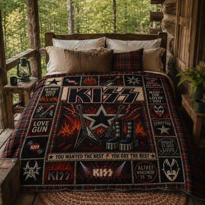 KISS Quilt Blanket – Vintage Rock Band Sherpa Throw, Patchwork Guitar Bedding, Classic Rock Fan Gift, Cozy Music Blanket