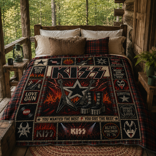 KISS Quilt Blanket – Vintage Rock Band Sherpa Throw, Patchwork Guitar Bedding, Classic Rock Fan Gift, Cozy Music Blanket