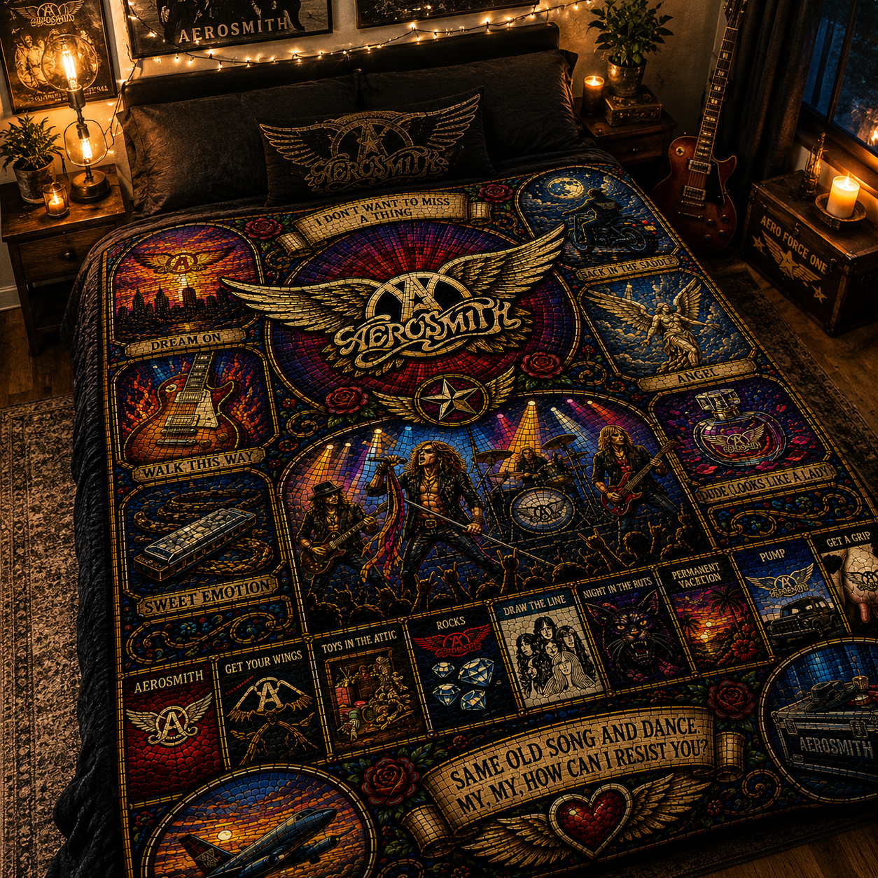 Aerosmith Stained Glass Sherpa Blanket – Classic Rock Music Fan Fleece Throw Blanket