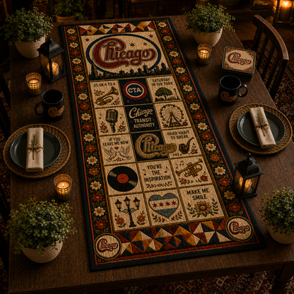 Chicago Band Halloween Table Runner – Quilted Classic Rock Fall Table Decor for Chicago Music Fans