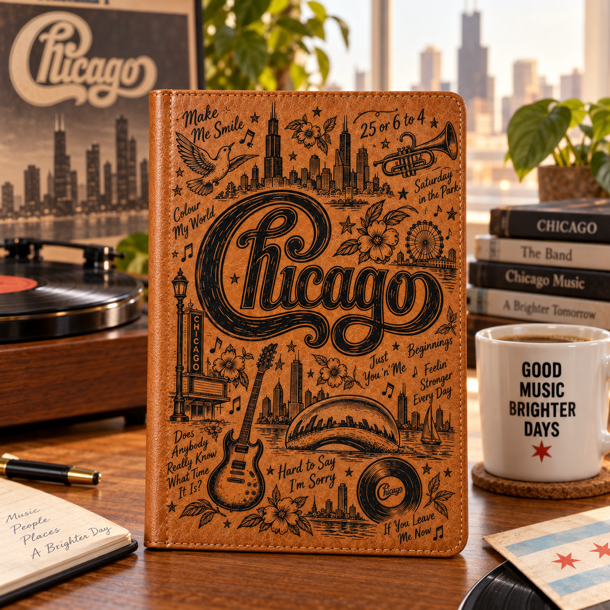 Chicago Band Vintage Vegan Leather Notebook – Classic Horn-Rock Music Journal & Diary