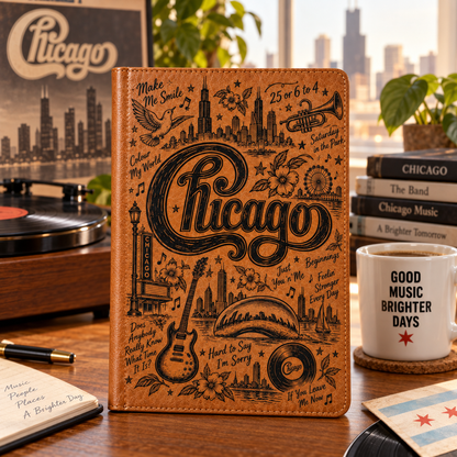 Chicago Band Vintage Vegan Leather Notebook – Classic Horn-Rock Music Journal & Diary