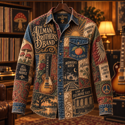 The Allman Brothers Band Patchwork Long Sleeve Shirt – Eat a Peach, Midnight Rider & Ramblin’ Man Vintage Southern Rock Button Up