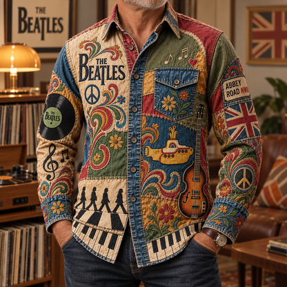 The Beatles Patchwork Long Sleeve Shirt – Abbey Road, Yellow Submarine & Vintage Psychedelic Button Up, Retro Beatles Fan Gift