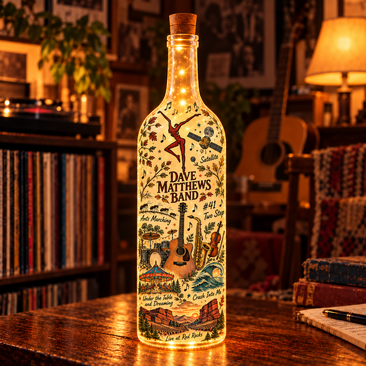 Dave Matthews Band Lighted Bottle Lamp, DMB Music Decor, Live at Red Rocks LED Bottle Light, Jam Band Fan Gift, Music Room Decor