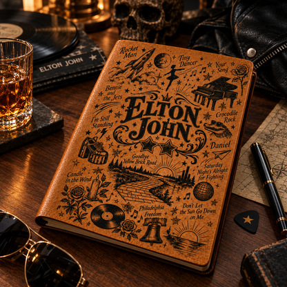 Elton John Vintage Vegan Leather Notebook – Classic Rock & Pop Music Journal & Diary