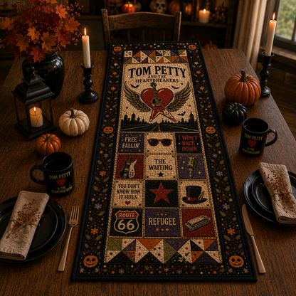 Tom Petty and the Heartbreakers Table Runner – Vintage Classic Rock Patchwork, Tom Petty Fan Gift, Cozy Music Throw Blanket