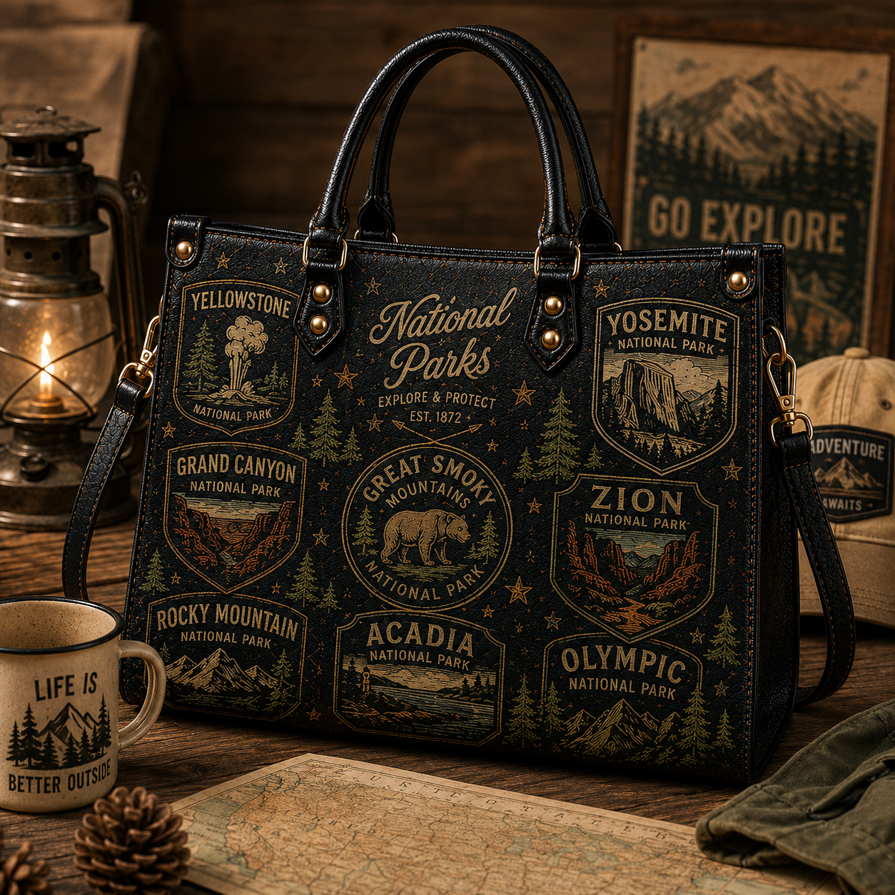US National Parks Faux Leather Handbag – Vintage Outdoors Adventure Shoulder Tote Bag