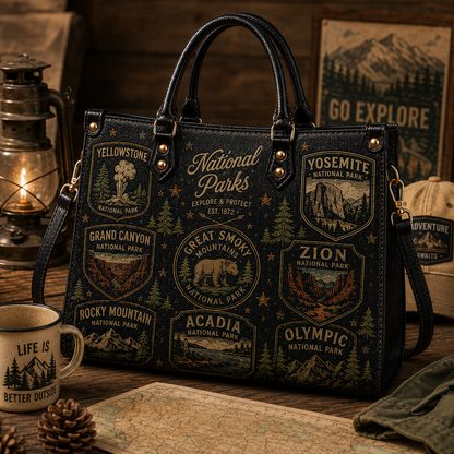 US National Parks Faux Leather Handbag – Vintage Outdoors Adventure Shoulder Tote Bag